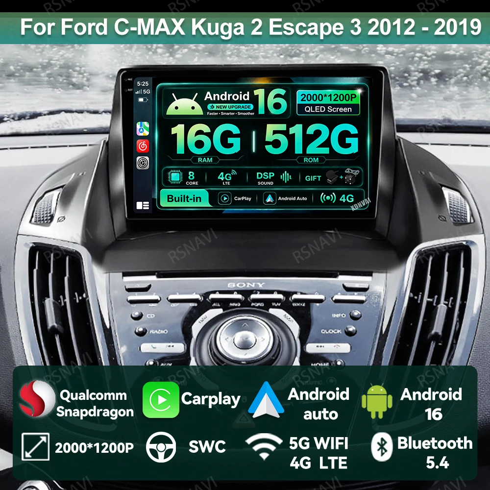 Rádio Automotivo Android 16 Para Ford C-MAX Kuga 2 Escape 3 2012 - 2019 Autoradio Wireless Carplay Navegação Automática Multimídia DSP BT GPS
