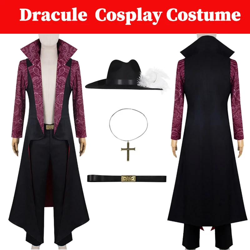 Dracule Cosplay Mihawk Costume Robe Hat Anime Pirate Disguise Coat Pants Belt Set Men Headwear Halloween Roleplay Fantasia Suit