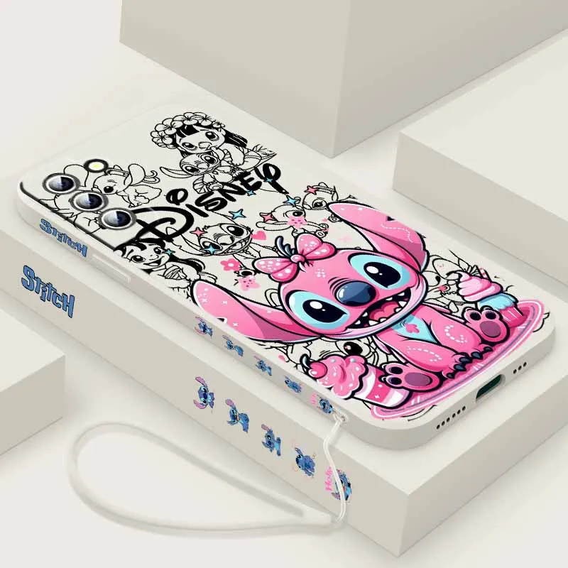 Fashion Disney Stitch For Samsung A73 A72 A71 A60 A57 A56 A55 A54 A53 A52 A36 A34 A27 26 A17 Liquid Left Rope Capa Phone Case
