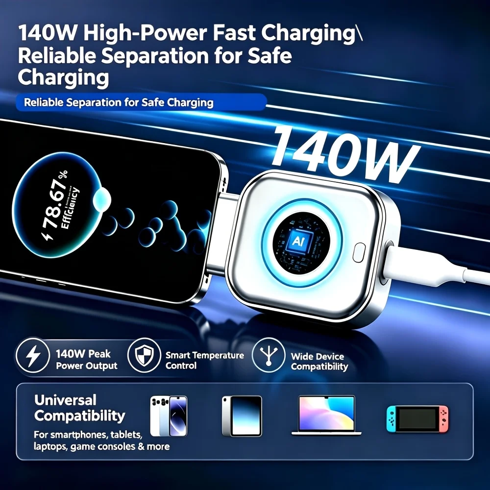 140W Type-C Fast Charging Adapter Auto Physical Disconnect Overcharge Protection Safe Overnight Charging for All Type-C Devices