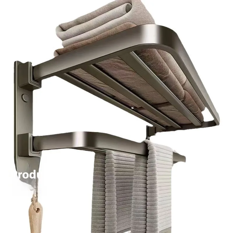 

Wall Mounted Towel Rack Shelf No Drill Adhesive Space Aluminum Gunmetal Bathroom Storage Caddy with Hooks Towel Bar Shower
