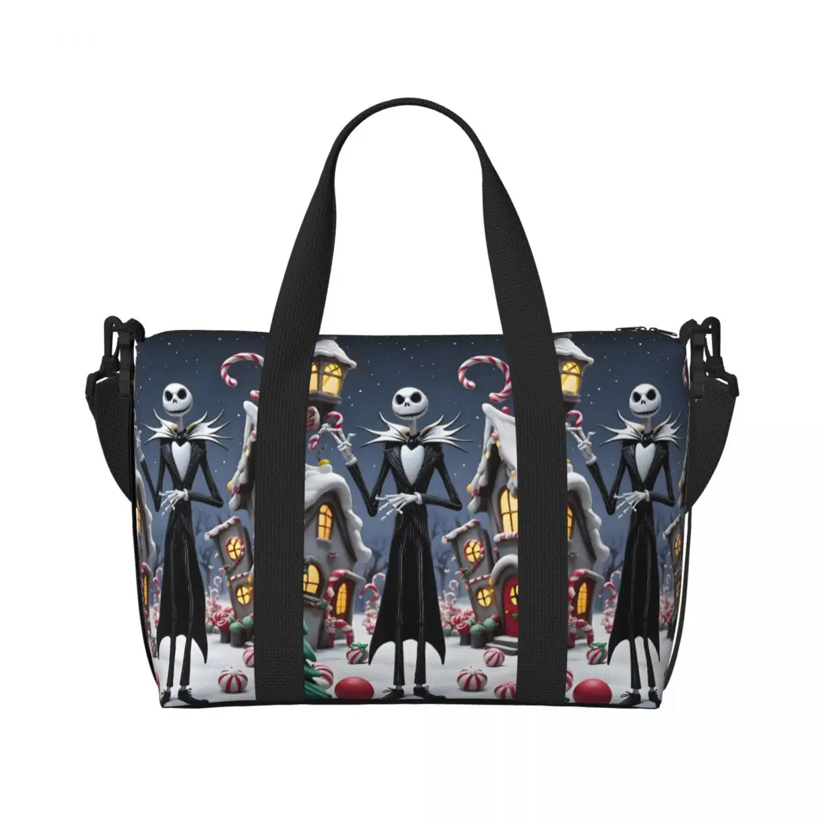 

Большая большая сумка-тоут Джека Скеллингтона на заказ для женщин, дорожная сумка для покупок в стиле живого скелета, пляжного спортзала