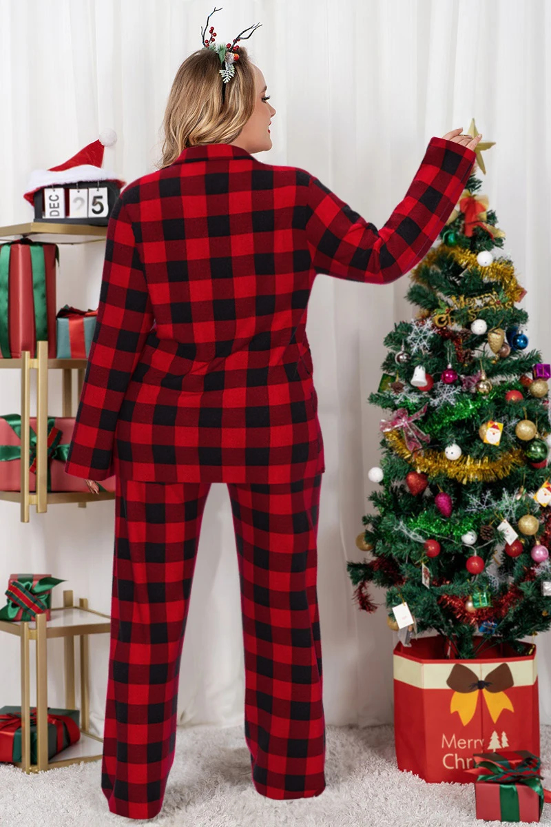 Flycurvy Plus Size Women\'s Christmas Pajama Red Chequered Print Long Sleeve Buttoned Sleepsuit Autumn Winter Christmas Tops 2024