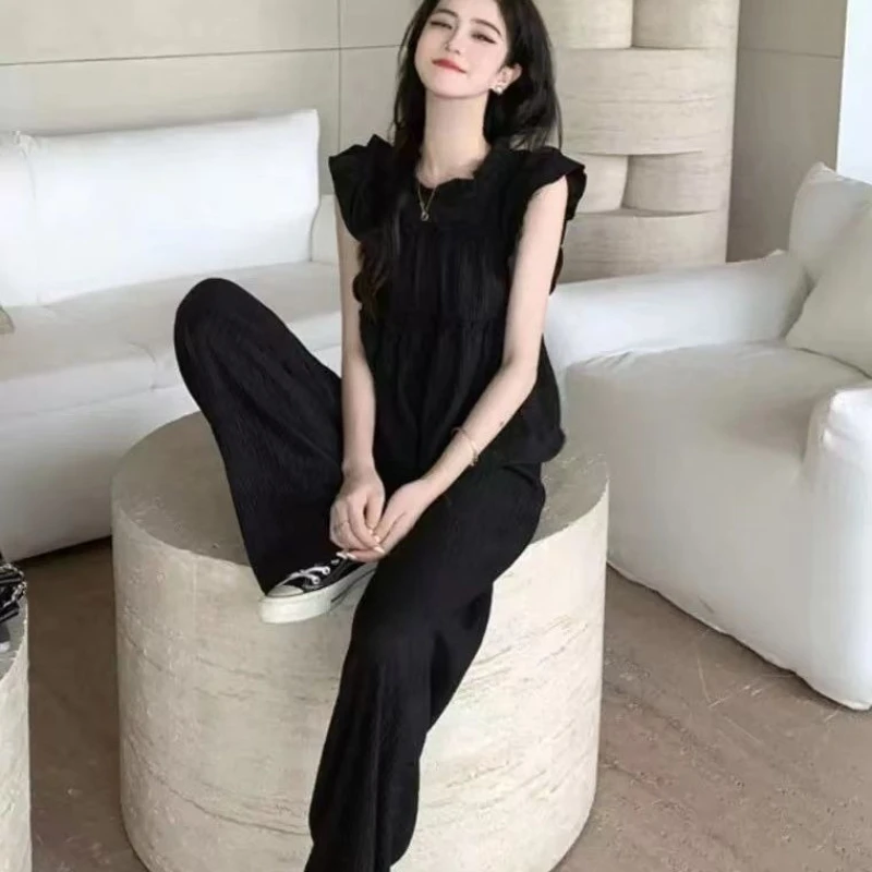 Fashion two-piece set women's summer temperament patchwork black fungus small fly sleeve top high waist straight leg pants