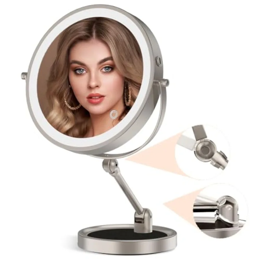 

Tabletop Makeup Mirror with Storage Tray " Rechargeable Lighted Vanity Mirror 1X/10X Magnification 4000mAh Height Adjustable Ar
