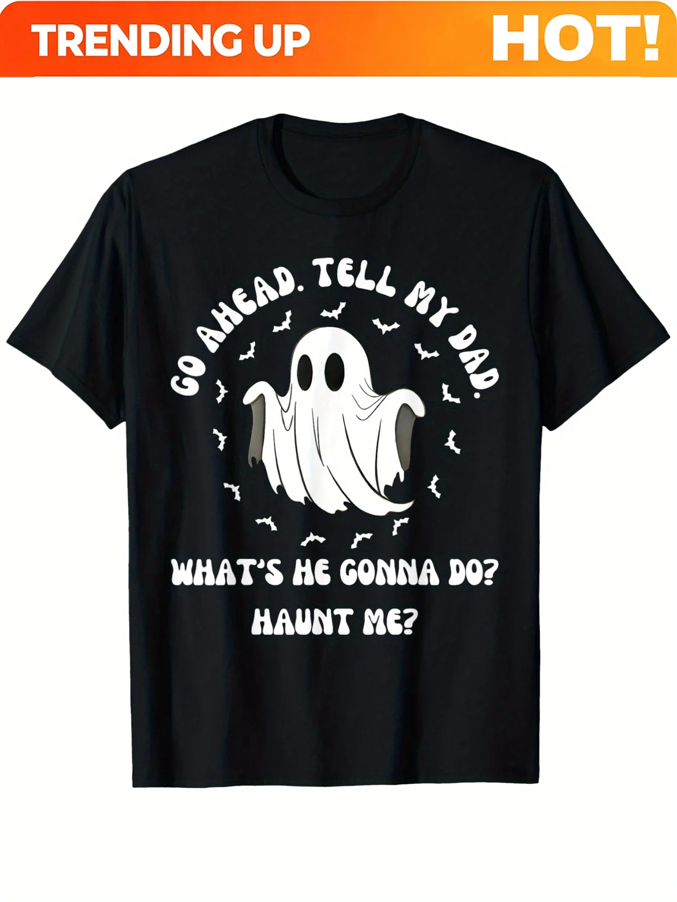 Customization Men's Plus Size Black T-Shirt With White Cartoon Ghost Design - 