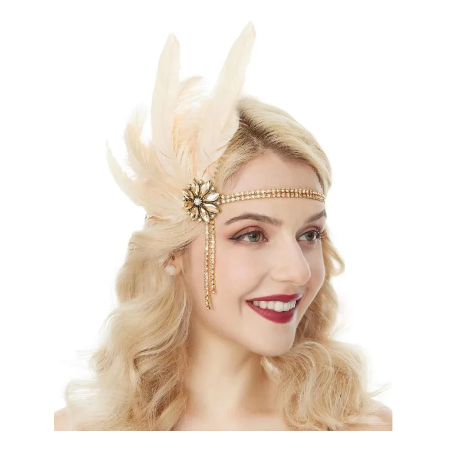 2024 New Feather Headwear 1920s Flapper Great Gatsby Cocktail Pampadu Retro Headband Flying Wave Water Diamond  Tassel  Jewelry