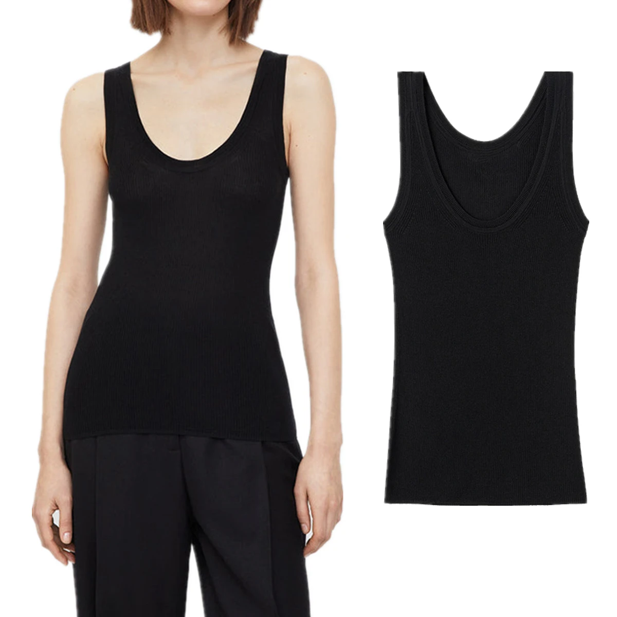 

Maxdutti Minimalist French Lazy Black Sleeveless T-shirt Tank Tops For Summer Fashion 85%Silk+15%Cashmere T-shirt Woman Clothes