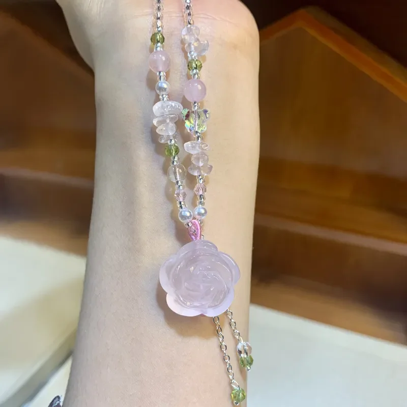 Pink crystal necklace three-dimensional flower gentle fairy atmosphere girl national style handmade neck decoration light