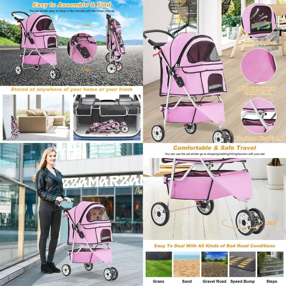 

Розовая трехколесная коляска для животных со съемным вкладышем, подстаканником и водонепроницаемой переноской для собак и кошек