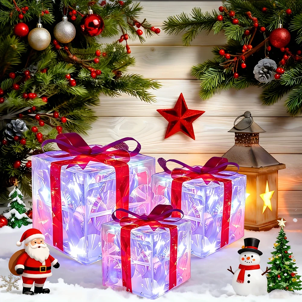 مجموعة هدايا ديكور العطلة الجديدة مكونة من 3 قطع لعام 2025 مع تأثيرات ضوئية ملونة، تعمل ببطارية AA (3 بطاريات غير متضمنة)