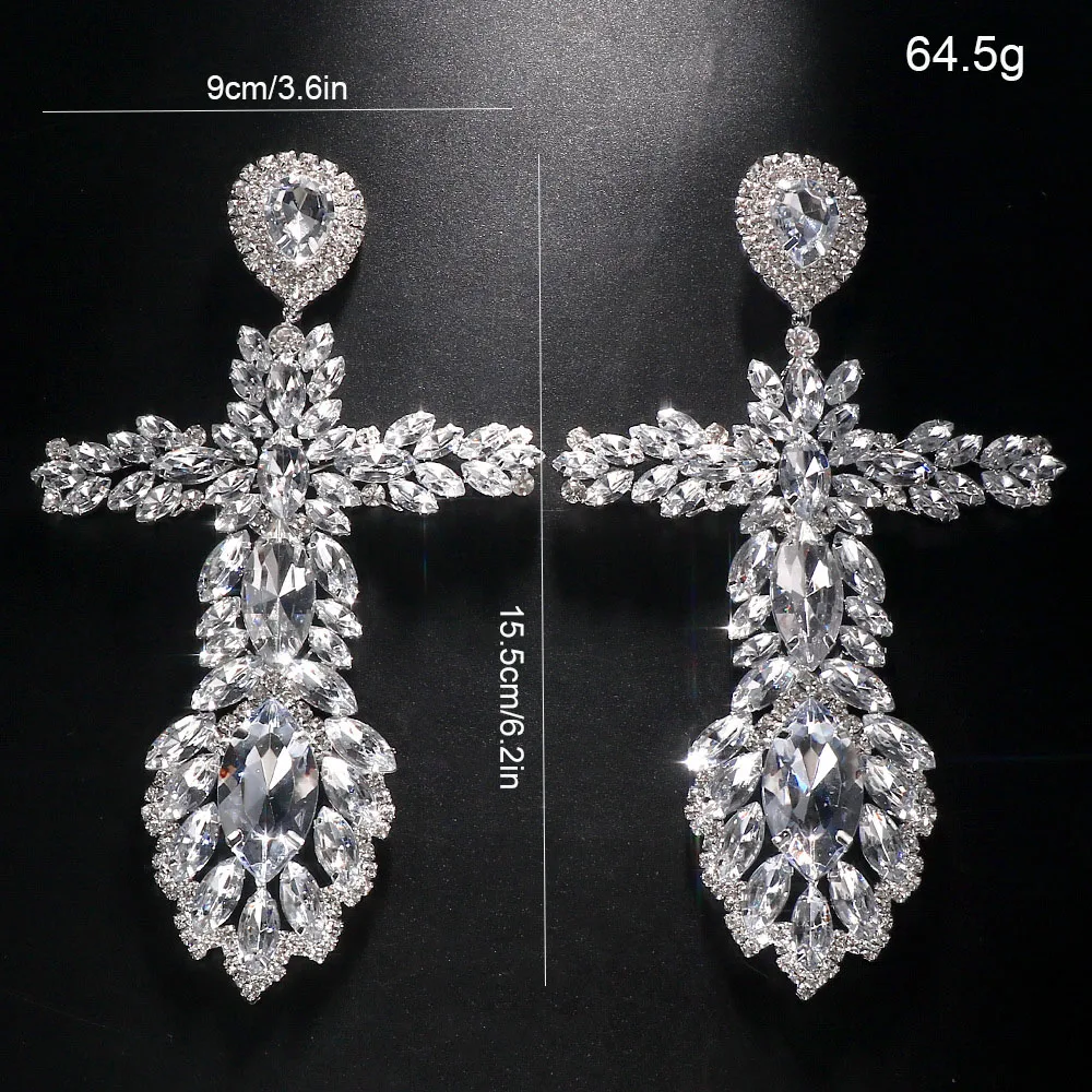 Large Cross Rhinestone Earrings for Women Queen Sparkly Crystal Statement Earrings Vintage Geometry Ear Jewelry Wholesale