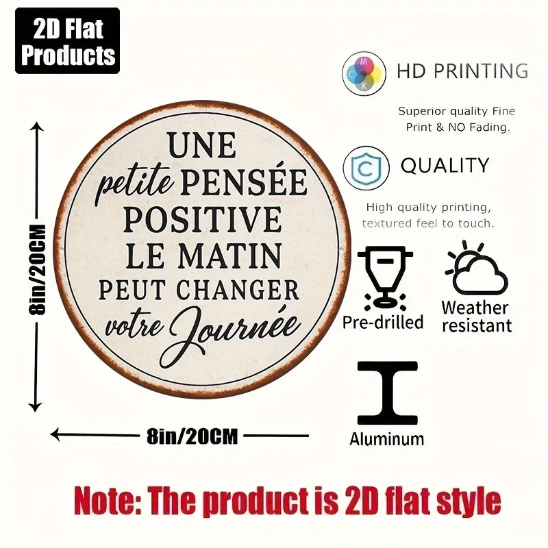2D Flat, 1pc French & English Positive Affirmation Wall Plaque - 8-Inch Round Vintage French Text Sign with Bilingual Inspiratio