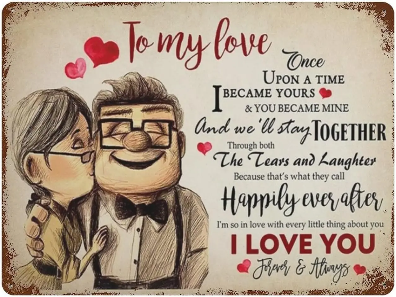 e1, Винтажная металлическая жестяная вывеска Carl And Ellie To My Love Once Upon A Time I Became Yours I Love You Знак ко Дню Святого Валентина Забавная новинка