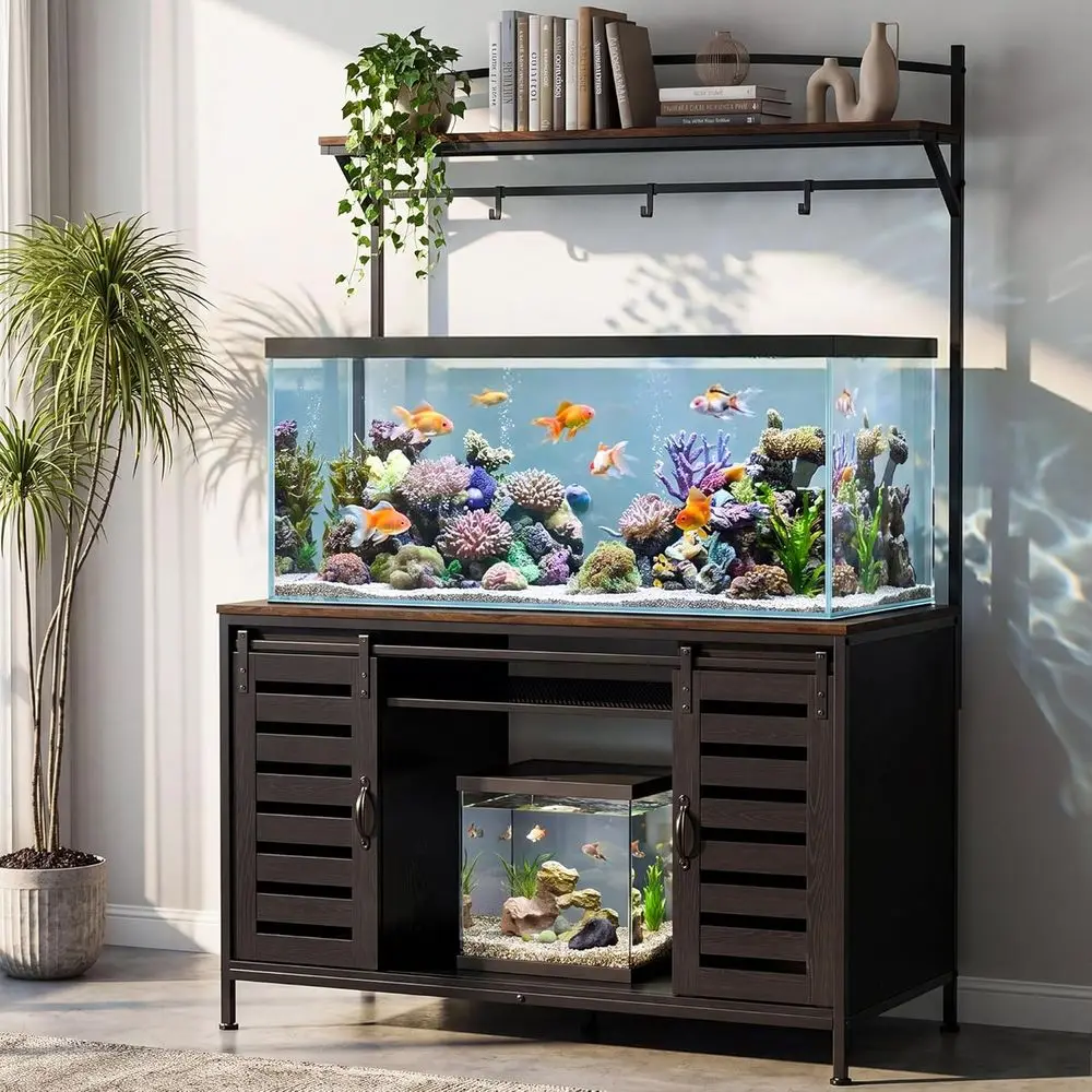 

Heavy-Duty Metal Aquarium Stand with Storage, 100-120 Gallon Capacity, Sliding Door, 48L x 24W, 1000lbs，Black