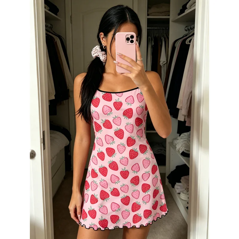 Camisón de verano para mujer con tirantes finos, volantes, cuello redondo, ropa de casa, vestido de dormir con estampado de oso de peluche lindo
