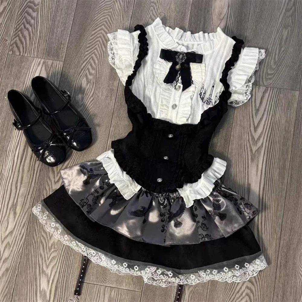 

Стиль преппи, готический стиль Y2k, стиль Лолиты, японская милая юбка, костюм, женские топы без рукавов с бантом, кавайные кружевные мини-юбки, комплект женских юбок