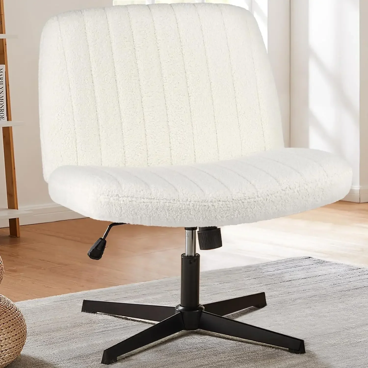 Criss Cross Chair,Armless Legged Office Desk Chair No Wheels,Teddy Fabric Padded Wide Seat Modern Swivel Height Adjustable Mid