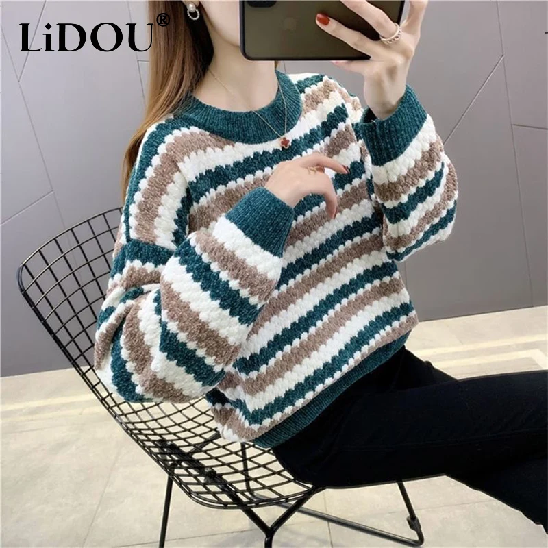 Autumn Winter Round Neck Casual Fashion Striped Oversized Sweater Lady Simple All-match Pullover Top Women Trend Knitting Jumper