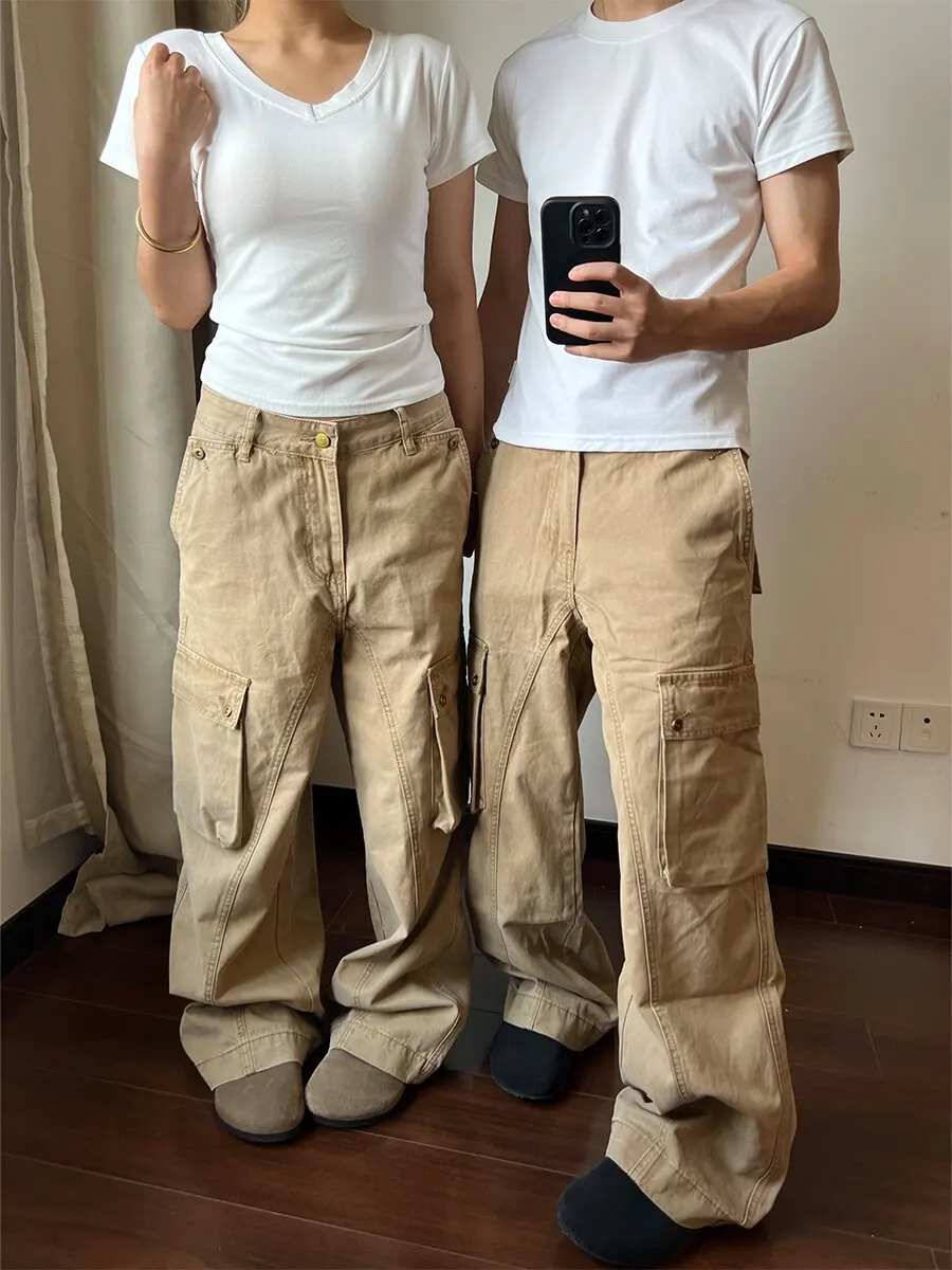 American High Street Vintage Khaki Work Pants Men's Loose Straight Leg Wide Leg Casual Trousers for Men And Women