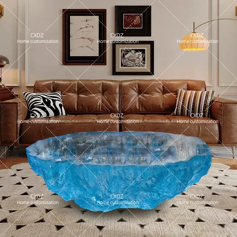 Transparent Resin Glacier Blue Coffee Table Corrugated Irregular Shape Crystal Tea Table for Hotel Living Room Home Furniture