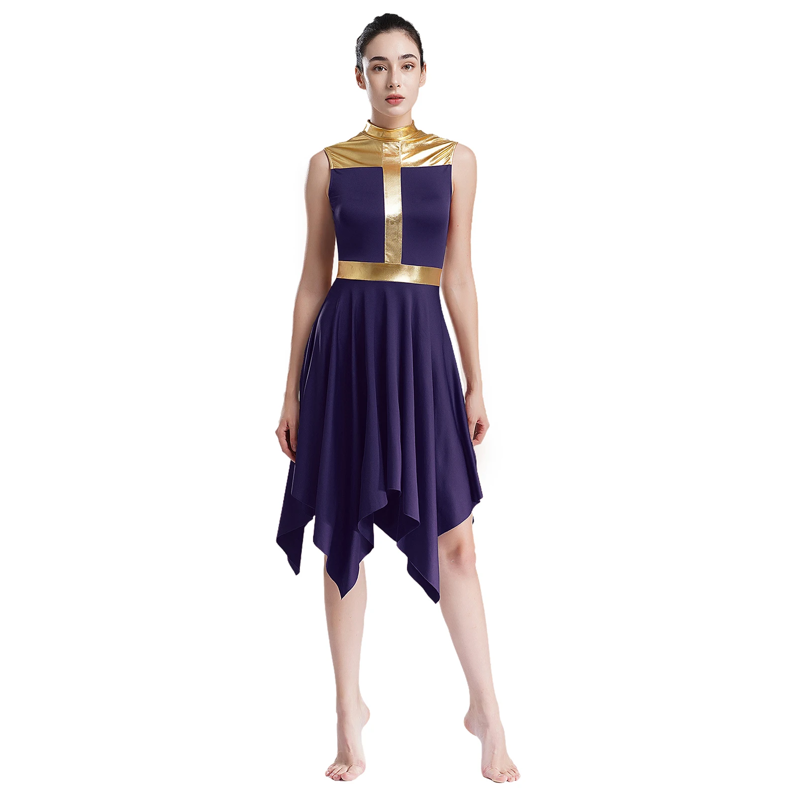 Women Liturgical Dance Performance Dress Sleeveless Metallic Patchwork Tunic Irregular Hem Dress Lyrical Ballroom Ballet Dresses