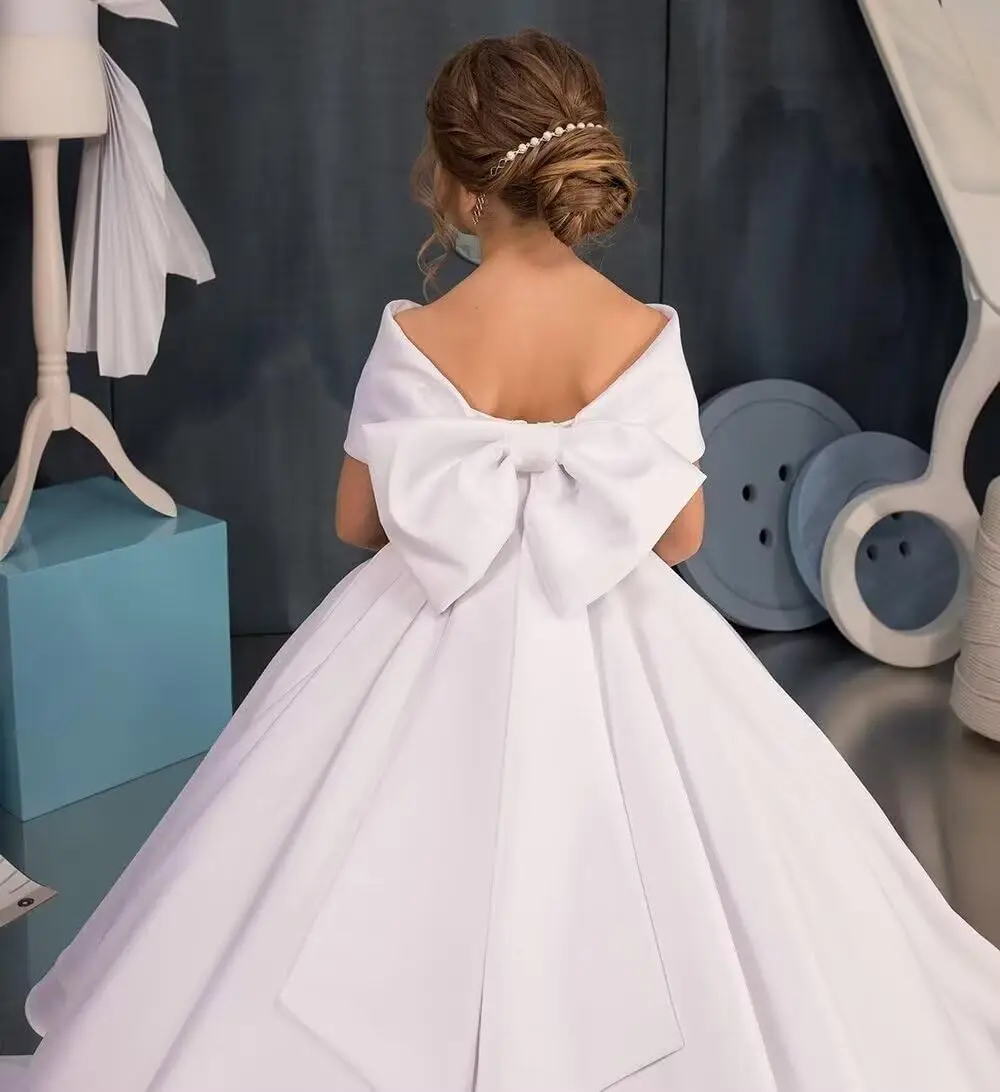 Off Shoulder Flower Girl Satin Dresses for Wedding Princess First Communion Pageant Dresses with Bow-Knot  Flower Girl Dresses
