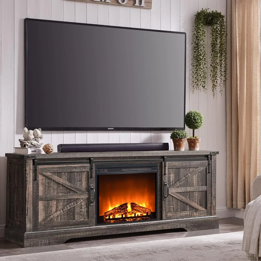 

Fireplace TV Stand for 70-75" TV, 66" Farmhouse Entertainment Center, 23" Electric Fireplace, Large Rustic Media Console Cabinet