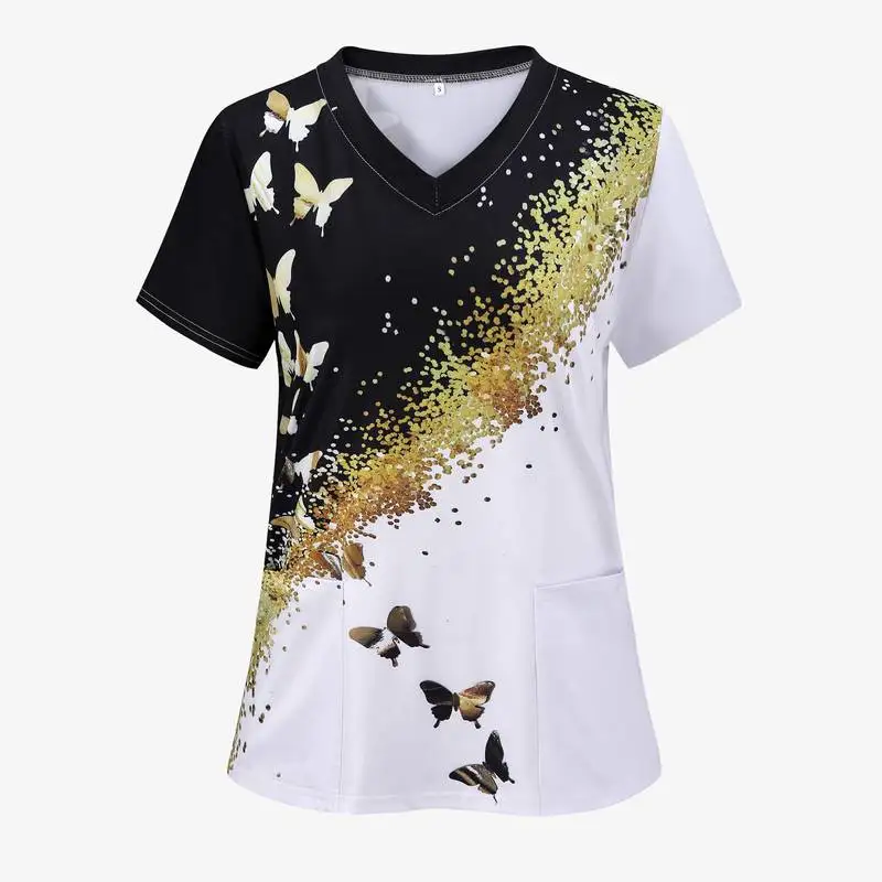 Surgical Uniforms Woman Elegant Butterfly Print V-Neck Micro-Stretch Nursehealth Care Short Sleeved Tops Clinical Uniforms Woman