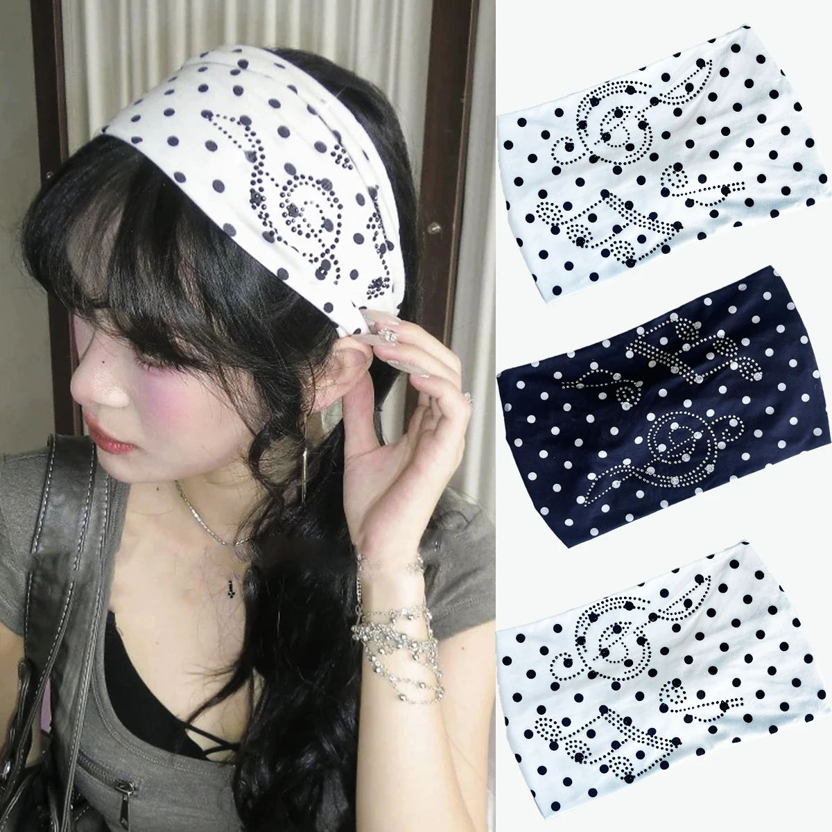 Ladies Polka Dot Hot Diamond Hairband Fashion Retro Wide Side Elastic Bandana Punk Hip Hop Performance Queue Dating Headwear