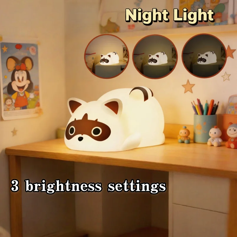 

Portable Rechargeable Night Light 1200mAh, Silicone Raccoon Touch Control Lamp with 3 Dimmable Modes,Bedside Lamp Cute Gift