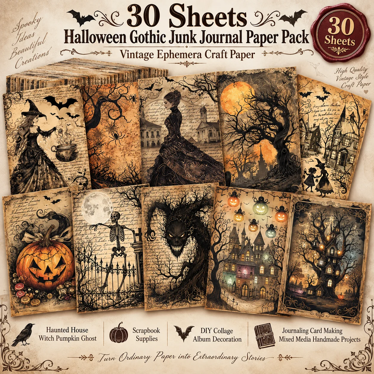 30 Sheets Halloween Gothic Junk Journal Paper Pack Vintage Ephemera Craft Paper Haunted House Witch Pumpkin Ghost Scrapbook
