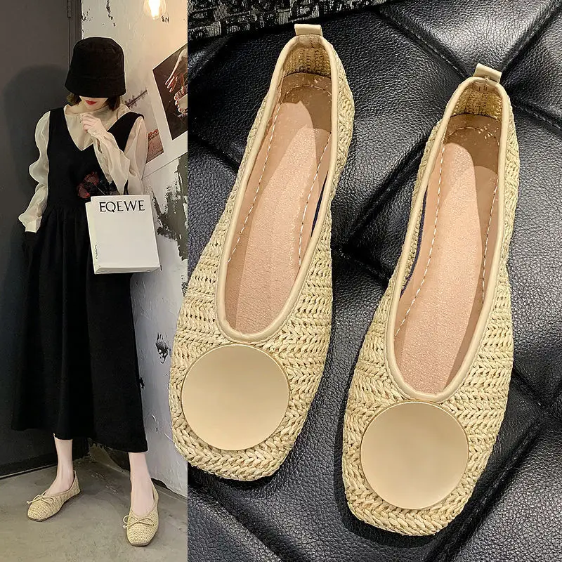 Buty dla kobiet 2024 Square Toe Ladies Summer Footwear Flats Low Heel Elegant Flat with Bow Casual 39 Shoe Vacation Korean Style