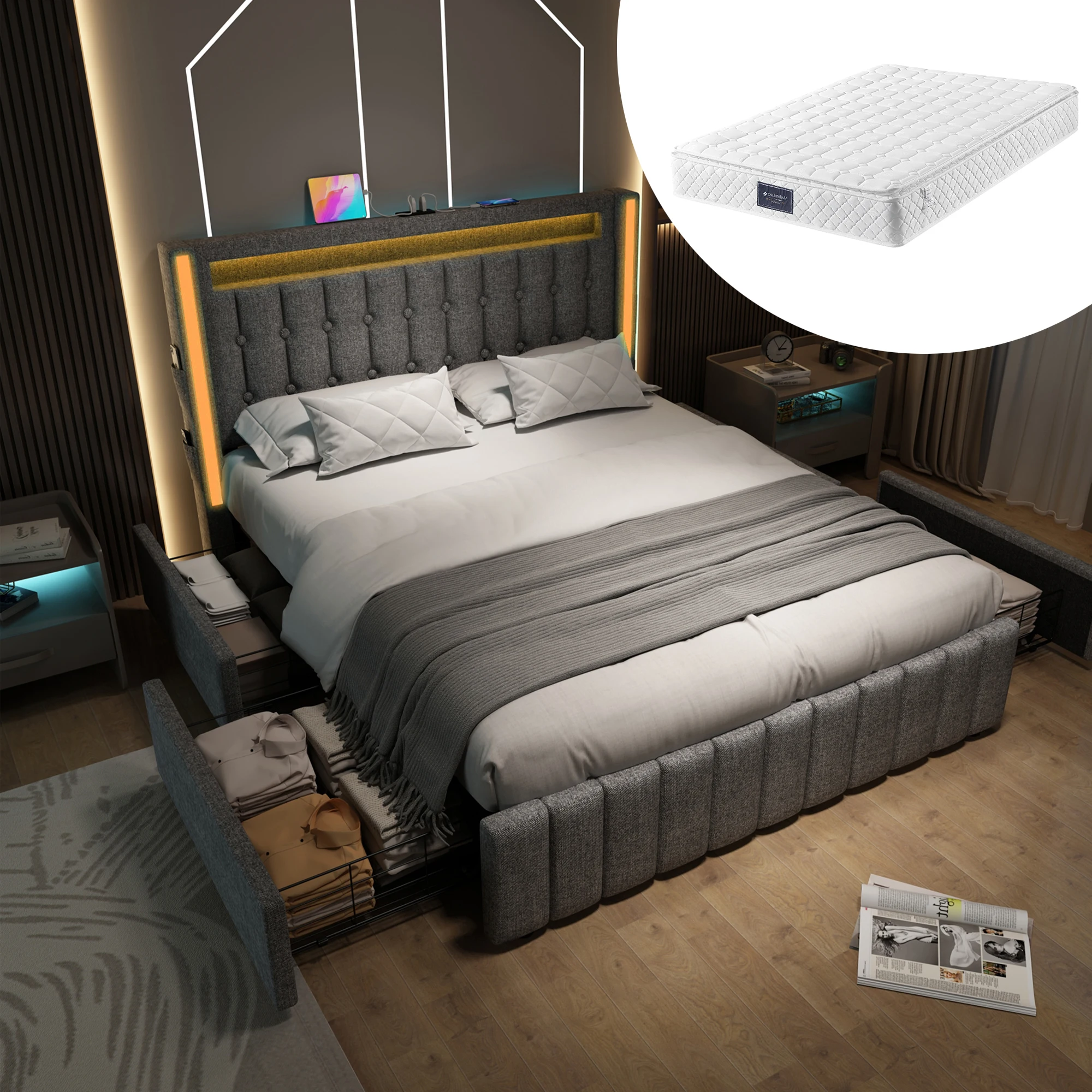 Upholstery bed USB Type C Charging Function LED Lighting 4 Drawers 140x200 cm Storage bed Grey (With Mattress)