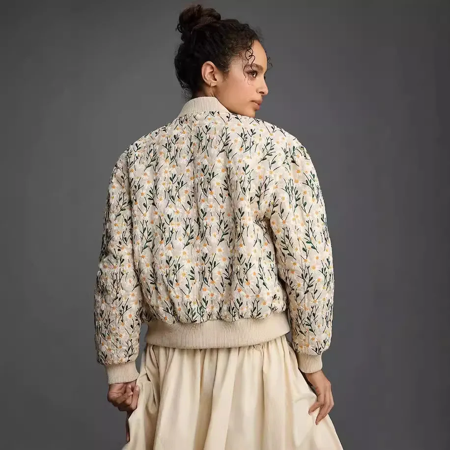 Casaco acolchoado estampado para mulheres, casacos de peito único, jaqueta feminina de streetwear vintage, flores, elegante e elegante, 2024, outono