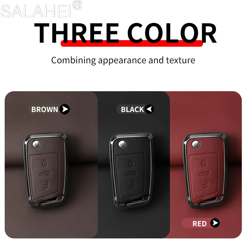 New Zinc Alloy Leather Car Key Case Full Cover Keyless Protection Shell Accessories Fob For VW Volkswagen Golf 7 MK7 Tiguan MK2