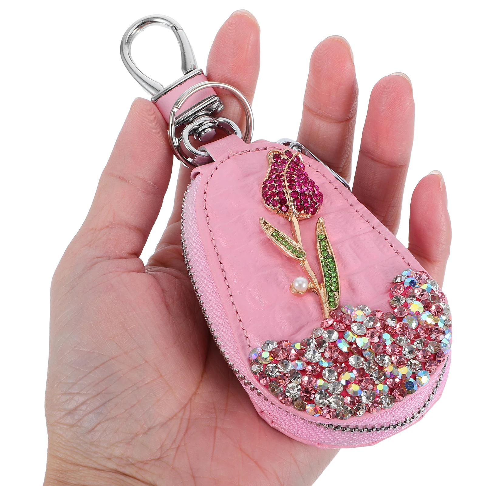 

Sparkling Rhinestones Rose Holder Pu Keychain Pouch Protective Cover For Remote Fob Organizer Elegant Bling Diamond Keycase Key