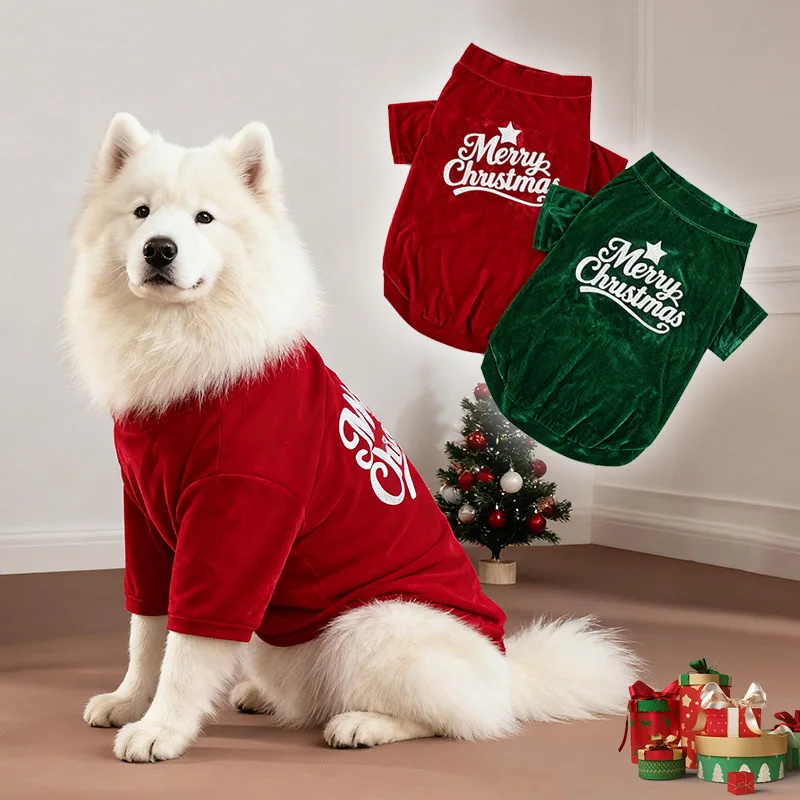 Weihnachts-Samt-Hunde-Sweatshirt, „Merry Christmas“-Aufdruck, warmer, weicher Pullover, Rot/Grün, Größen S–6XL für kleine bis große Hunde