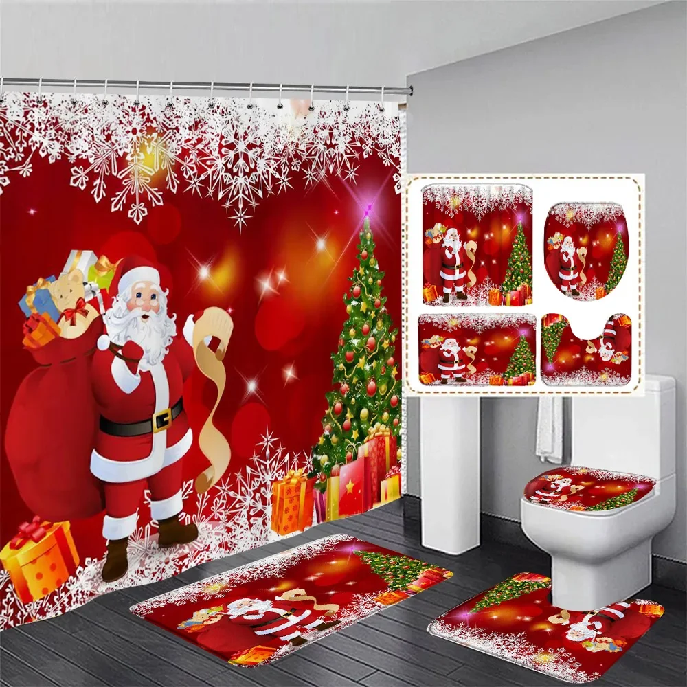 Funny Santa Claus Shower Curtain Set Xmas Tree Gift Snowflake Red Christmas Home Bathroom Decoration Bath Mats Toilet Lid Cover