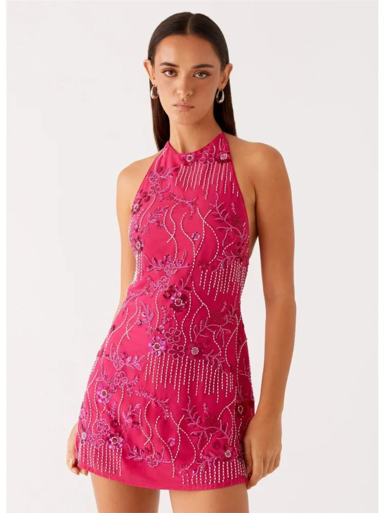 

Halter Neck Dress Sequin Vestidos Slim Dresses For Woman Backless Vestido Mini Fashion Sexy Hot Girl Style All-match Beachwear