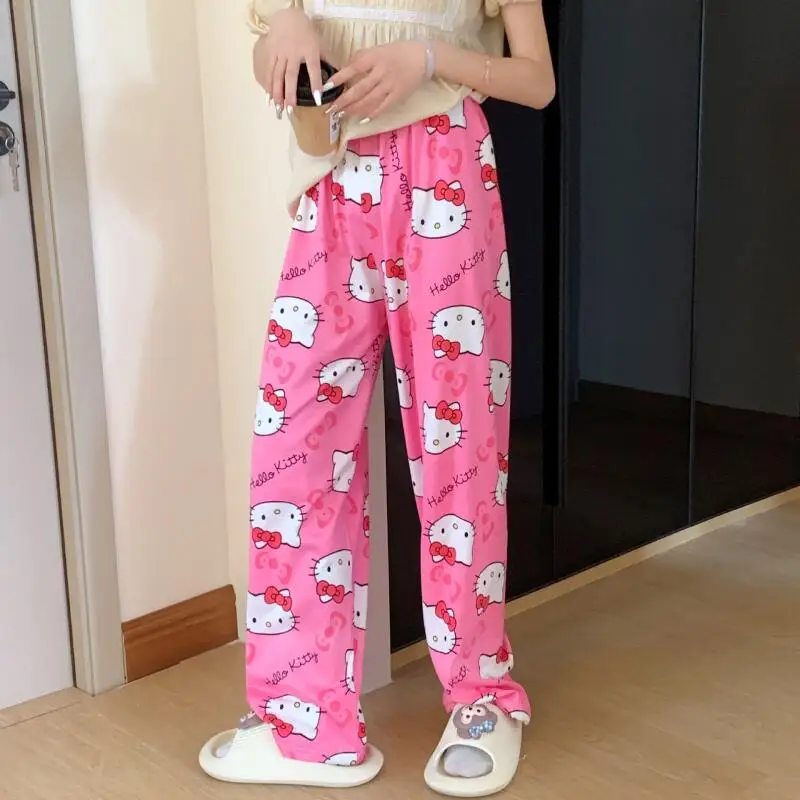 봄 가을 얇은 헬로 키티 프린트 여성 잠옷 바지 여름 인기 루즈 캐주얼 바지 만화 홈 캐주얼 워킹 바지 썸네일 4