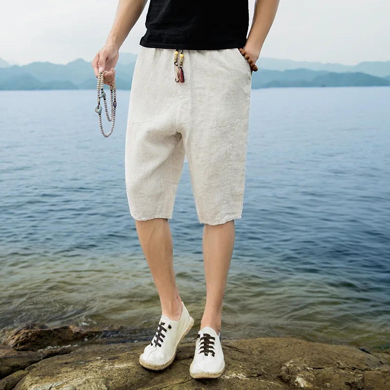 

Летние мужские льняные шорты пляжные брюки укороченные брюки свободные повседневные тонкие мужские брюки