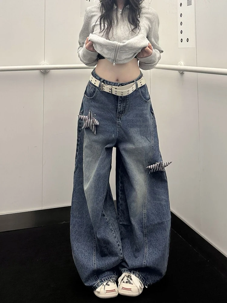 Dreidimensionale Sterndekoration Aufkleber gewaschen gebogenes Messer gerades Bein Cargo Jeans Frauen Herbst neue Straße lose Hosen