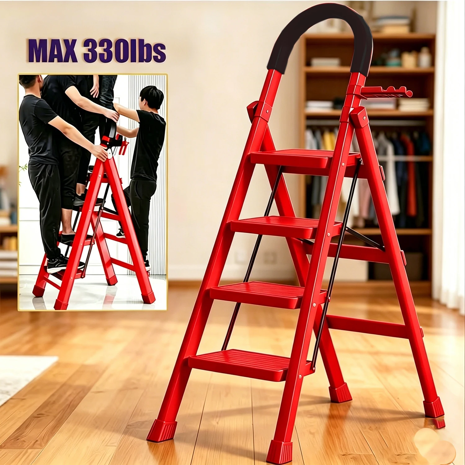 4-step - Heavy duty folding ladder, compact and foldable, saving storage space. Thick integrated metal frame with high load-bearing capacity and long service life. Wide anti slip steps, stable and comfortable standing. Very suitable for home, garage, and