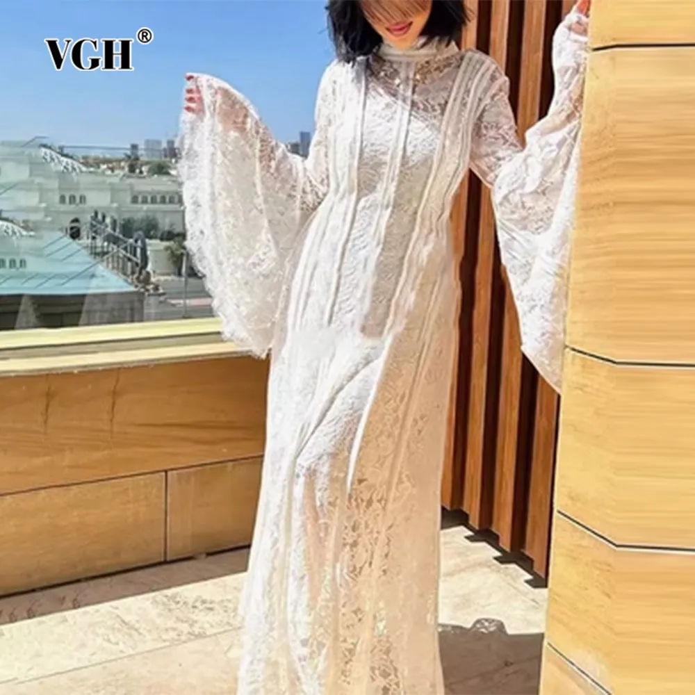 

VGH Solid Patchwork Lace Elegant Dress For Women Stand Collar Flare Sleeve High Waist Temperament Long Dresses Female Fashion