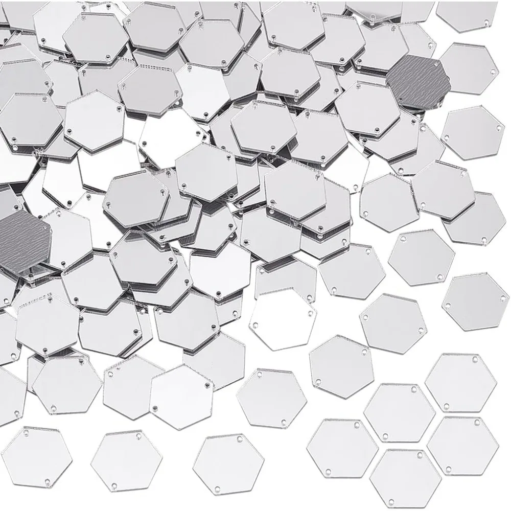 

200pcs Hexagon Sew on Mirrors Silver Acrylic Sew on Mirror Pieces with Holes 0.8 x 0.7 inch Mirror Beads for DIY Wedding Dress