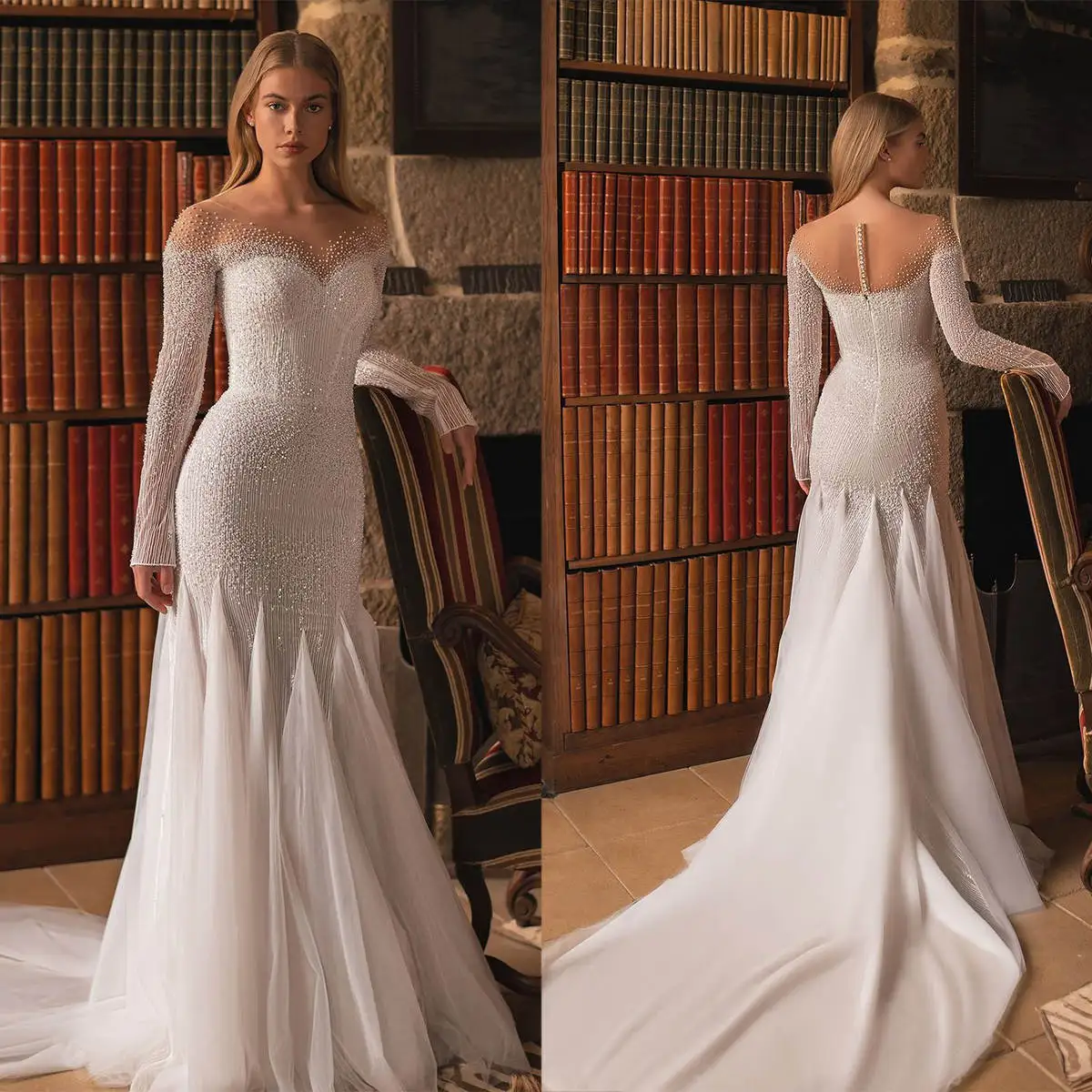 Abiti da sposa a sirena di lusso con scollo a V con paillettes che bordano perle Abiti da sposa a maniche lunghe Vestido de novia Treno di corte su misura