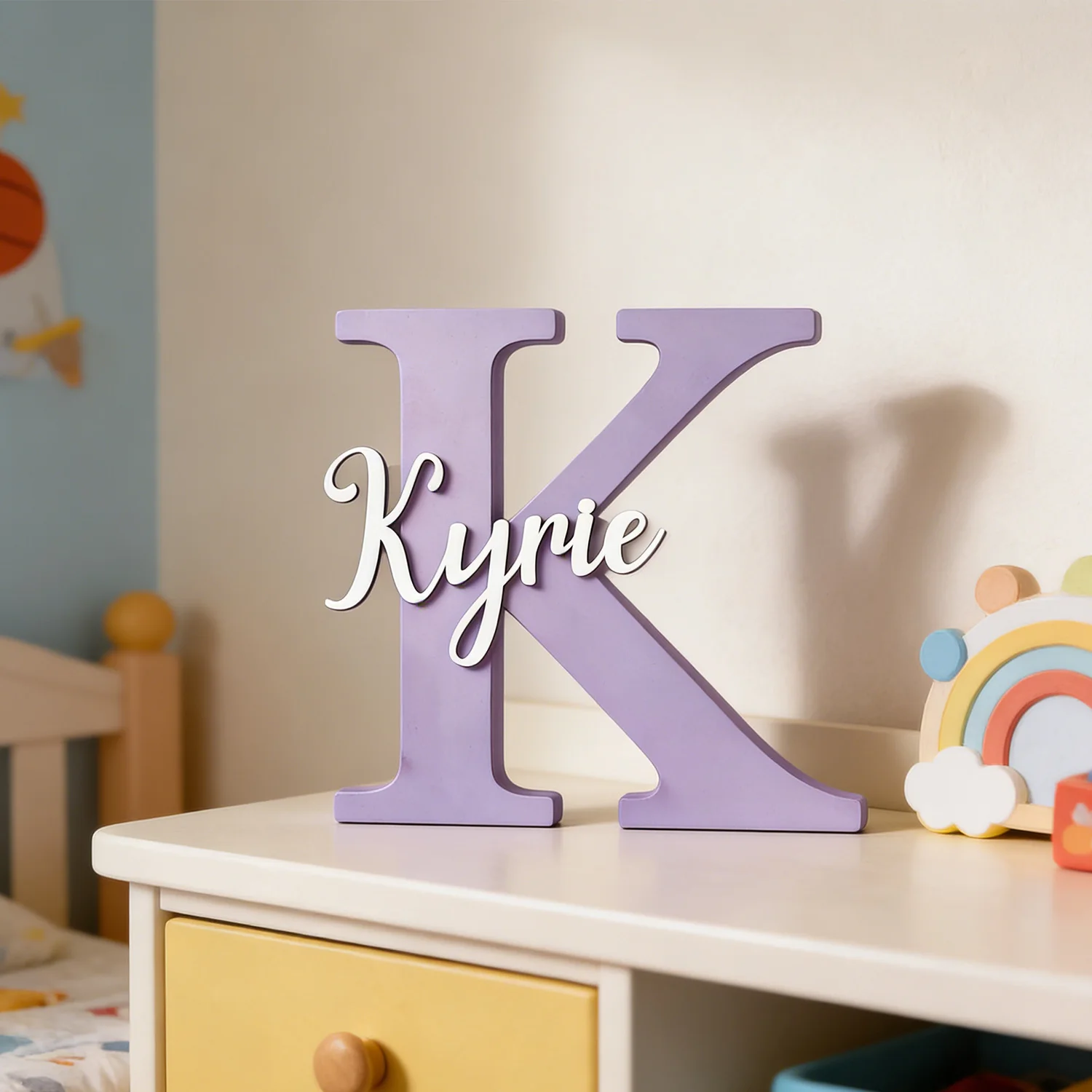 1pc Custom Two Layer Light Purple Initial Letter Wooden Name Sign Personalized Script Text Wall Tabletop Bedroom Decor Plaque view 5