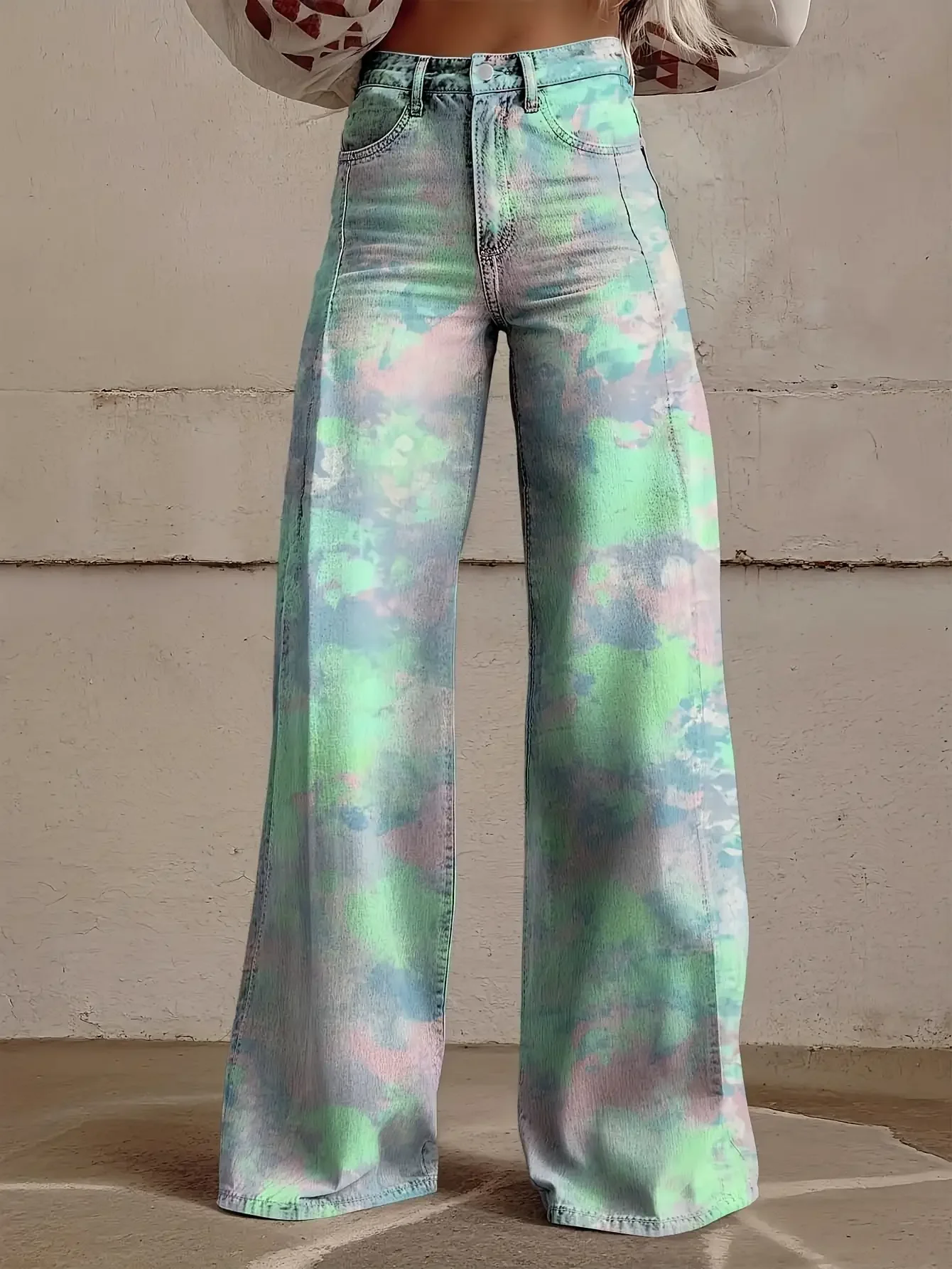 Women's new printed jeans with denim like fabric, casual fashion, Full printed large butterfly