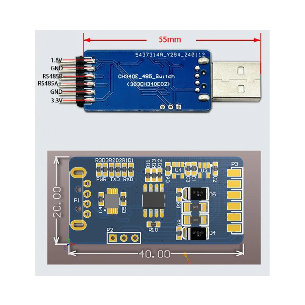 USB to TTL to RS485 Communication Dual Voltage Conversion Module with CH340E SP485 Chip Driver